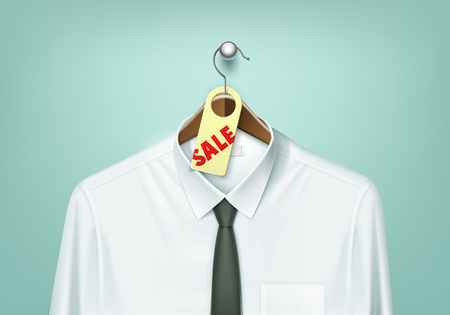 Vector Clothes Coat Brown Wooden Hanger with White Shirt and Black Tie with Sale Tag Label Close Up Isolated on Backgroundのイラスト素材