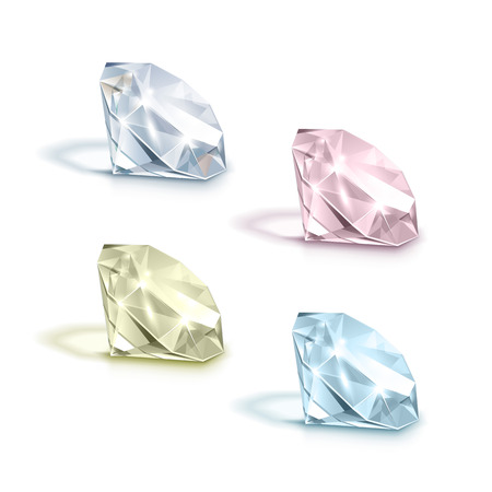 Vector Set of Colored Light Blue Pink Yellow and White Shiny Clear Diamonds  Isolated on White Backgroundのイラスト素材