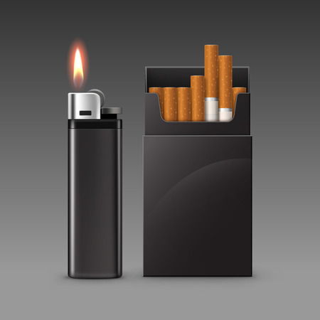 Vector Set of Blank Black Plastic Metal Lighter with Flame with  Pack of Cigarettes Close up Isolated on Dark Backgroundのイラスト素材