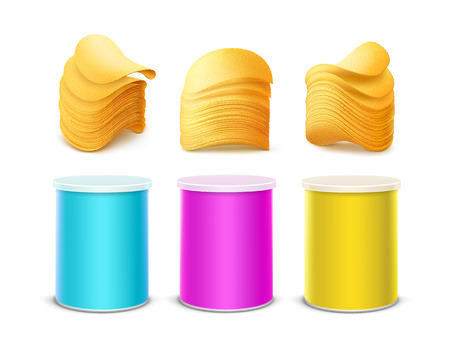 Vector Set of Colored Pink Light Blue Yellow Small Tin Box Container Tube for Package Design with Stack of Potato Crispy Chips Close up Isolated on White Backgroundのイラスト素材