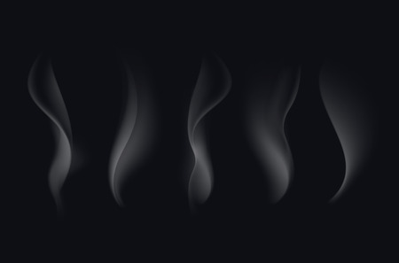 Vector Set of Realistic White Transparent Cigarette Smoke Waves Isolated On Black Backgroundのイラスト素材