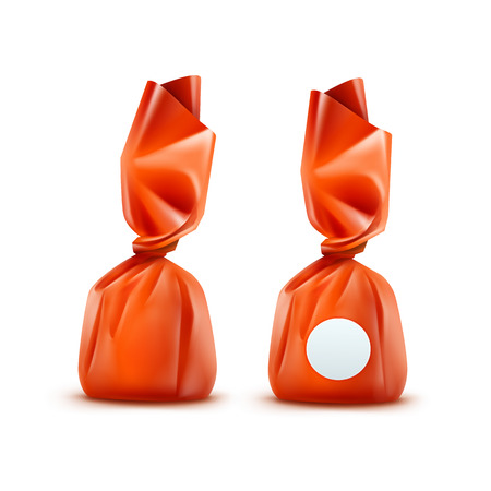 Realistic Chocolate Candy in Orange Glossy Wrapper Close up Isolated on White Backgroundのイラスト素材
