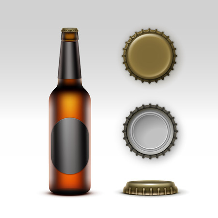 Vector Closed Blank Glass Transparent Brown Bottle of  Light Beer with  Black label and  Set of Caps Side Top Back View for Branding Close up Isolated on White Backgroundのイラスト素材