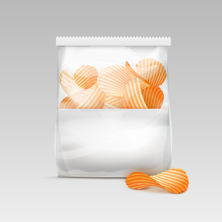 Vector White Vertical Sealed Transparent Plastic Bag for Package Design with Potato Ripple Crispy Chips Close up Isolated on White Backgroundのイラスト素材