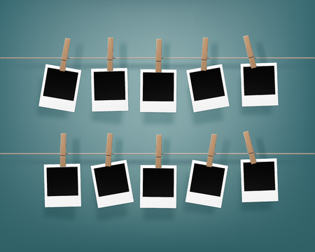 Vector Set of Wooden Clothespins Pegs whith Blank Retro Photo Frames on Rope  Close up Isolated on Backgroundのイラスト素材