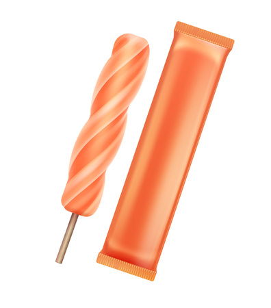 Vector Orange Mango Spiral Lollipop Ice Cream Fruit Juice Ice On Stick With Orange Plastic Foil Wrapper For Branding Package Design Close Up Isolated On Background Tasmeemme Com