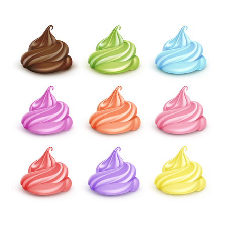 Vector Set of Realistic Colored Blue Pink Yellow Orange Brown Green Lilac Whipped Cream for Dessert Cupcakes Soft Served Ice Cream Close up Isolated on Backgroundのイラスト素材