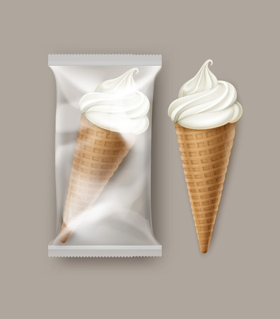 Vector White Classic Soft Serve Ice Cream Waffle Cone with Transparent Plastic Foil Wrapper for Branding Package Design Close up Isolated on White Backgroundのイラスト素材