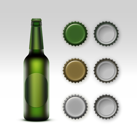 Vector  Closed Blank Glass Transparent Green Bottle of Light Beer with  Green label and Set of Caps of Different Color Side Top Back View for Branding Close up Isolated on White Backgroundのイラスト素材