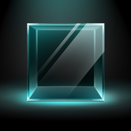 Vector Empty Transparent Glass Box Cube on Dark Black Background with Blue Turquoise Backlightのイラスト素材