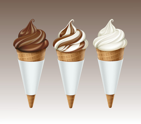 Vector set of Brown White Classic Chocolate Soft Serve Ice Cream Waffle Cone in White Carton Foil Wrapper Close up Isolated on White Backgroundのイラスト素材
