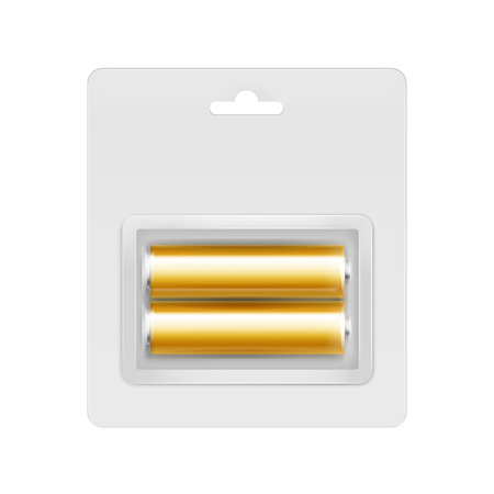 Vector Golden Yellow Glossy Alkaline AA Batteries in Transparent Blister Packed for branding Close up Isolated on White Backgroundのイラスト素材