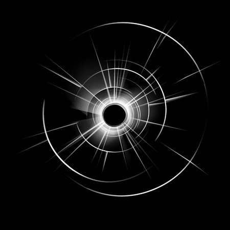 Vector Transparent Broken Glass Window with Bullet Hole Close up Isolated on Dark Black Backgroundのイラスト素材