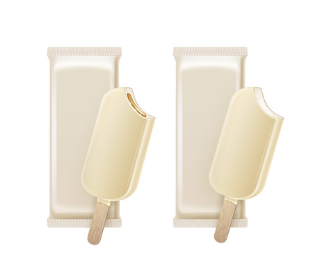 Vector Set of Bitten  Choc-ice Lollipop Ice Cream in White Chocolate Glaze on Stick with Filling with White Plastic Foil Wrapper for Branding Package Design Close up Isolated on Backgroundのイラスト素材