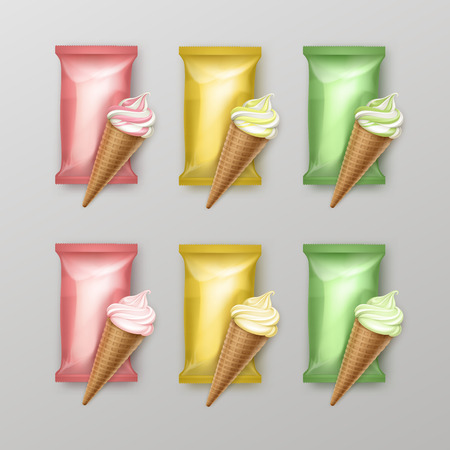 Vector Set of Vanilla Berry Pistachio Kiwi Mint Soft Serve Ice Cream Waffle Cone with Light Pink Yellow Green Plastic Foil Wrapper for Branding Package Design Close up Isolated on Backgroundのイラスト素材