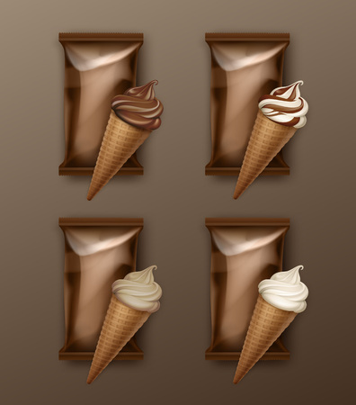 Vector Set of White Classic and Chocolate Soft Serve Ice Cream Waffle Cone with Brown Plastic Foil Wrapper for Branding Package Design Close up Isolated on Backgroundのイラスト素材