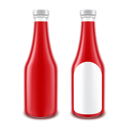 Vector Set of Blank Glass Red Tomato Ketchup Bottle for Branding without with Round Label Isolated on White Backgroundのイラスト素材
