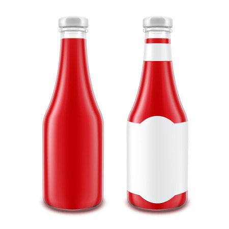 Vector Set of Blank Glass Red Tomato Ketchup Bottle for Branding without with White Label Isolated on White Backgroundのイラスト素材
