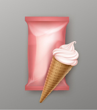 Vector Berry Soft Serve Ice Cream Waffle Cone with Light Pink Plastic Foil Wrapper for Branding Package Design Close up Isolated on Backgroundのイラスト素材