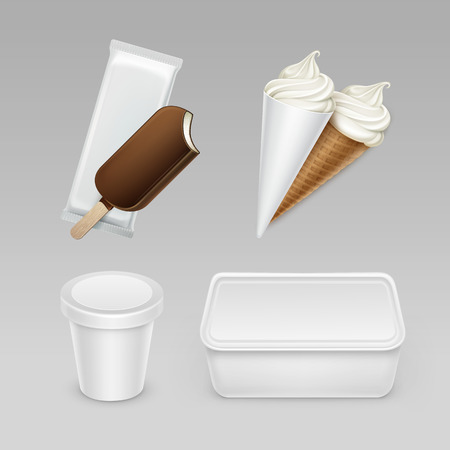 Vector set of Chocolate  Choc-ice Lollipop Soft Serve Ice Cream Waffle Cone with Plastic White Wrapper and Box Container for Package Design Mock up Close up Isolated on Backgroundのイラスト素材