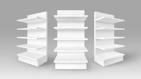 Vector Set of White Blank Empty Exhibition Trade Stands Shop Racks with Shelves Storefronts Isolated on Backgroundのイラスト素材