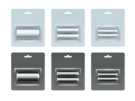 Vector Set of Light Blue Black Glossy Alkaline AA, AAA, C Batteries in Black Light Blue Blister Packed for branding Close up Isolated on White Backgroundのイラスト素材