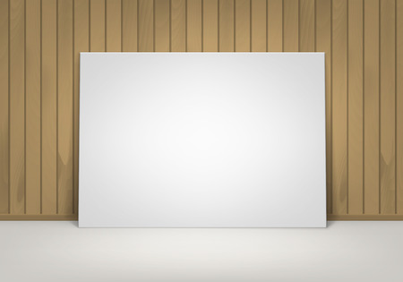 Vector Empty Blank White Mock Up Poster Picture Frame Standing on Floor with Brown Sienna Wooden Wall Front Viewのイラスト素材