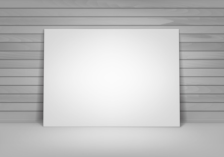 Vector Empty Blank White Mock Up Poster Picture Frame Standing on Floor with Wooden Wall Front Viewのイラスト素材