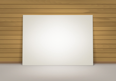 Vector Empty Blank White Mock Up Poster Picture Frame Standing on Floor with Brown Sienna Wooden Wall Front Viewのイラスト素材