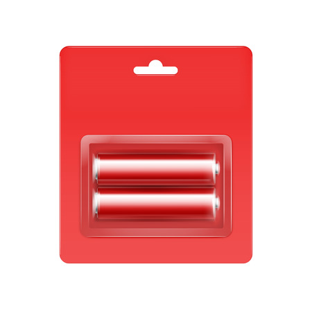 Vector Red Glossy Alkaline AA Batteries in Red Blister Packed for branding Close up Isolated on White Backgroundのイラスト素材