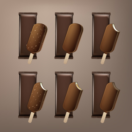 Vector Set of Bitten Popsicle Choc-ice Lollipop Ice Cream in Chocolate Glaze on Stick with Filling and Nuts with Brown Plastic Foil Wrapper for Branding Package Design Close up Isolated on Backgroundのイラスト素材