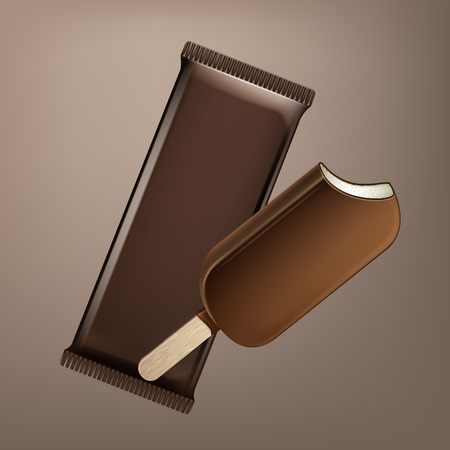 Vector Classic Bitten Popsicle Choc-ice Lollipop Ice Cream in Chocolate Glaze on Stick with Brown Plastic Foil Wrapper for Branding Package Design Close up Isolated on Backgroundのイラスト素材