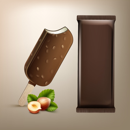 Vector Classic Popsicle Choc-ice Lollipop Ice Cream in Chocolate Glaze with Nuts on Stick with Brown Plastic Foil Wrapper and Hazelnuts for Branding Package Design Close up Isolated on Backgroundのイラスト素材