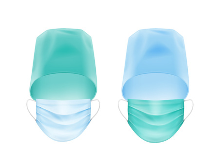 Vector Set of Medical Accessories Face Ear Loop Mask and Blue Turquoise Hat Cap Isolated on White Backgroundのイラスト素材