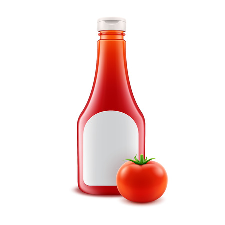 Vector Set of Blank Glass Plastic Red Tomato Ketchup Bottle for Branding with White label and Fresh Tomato Isolated on White Backgroundのイラスト素材