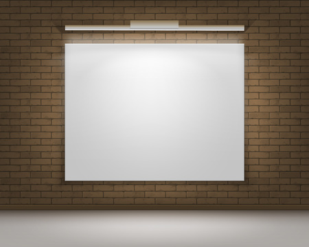 Vector Empty Blank White Mock Up Poster Picture Frame on Brown Gray Brick Wall with Floor and Illumination Front Viewのイラスト素材