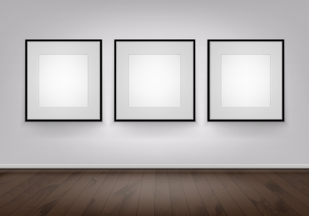 Three Vector Empty White Mock Up Posters Pictures Black Frames on Wall with Brown Wooden Floor Front Viewのイラスト素材