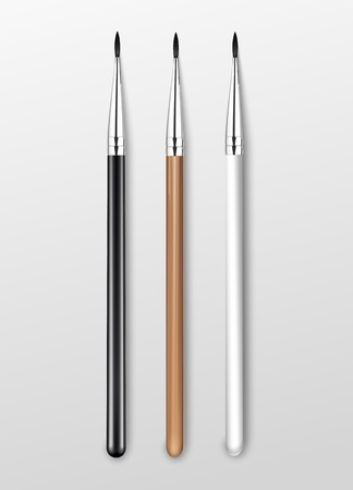 Vector Set of Black Clean Professional Makeup Liner Long Thin Eye Brushes with Black Wooden White Handles Isolated on White Backgroundのイラスト素材