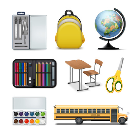 Vector set of school equipment and tools. Isolated on white backgroundのイラスト素材