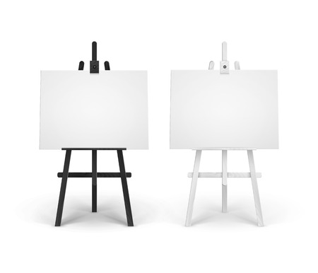 Vector Set of Wooden Black White Easels with Mock Up Empty Blank Horizontal Canvases Isolated on Backgroundのイラスト素材