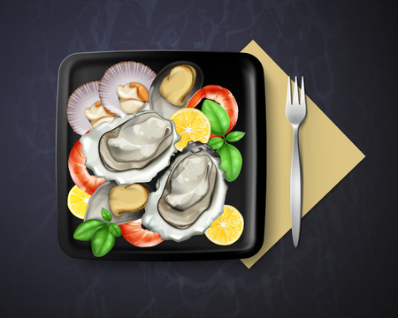 Vector of dish with oysters, mussels and prawns served lemon and basil in square black plate with fork, top viewのイラスト素材