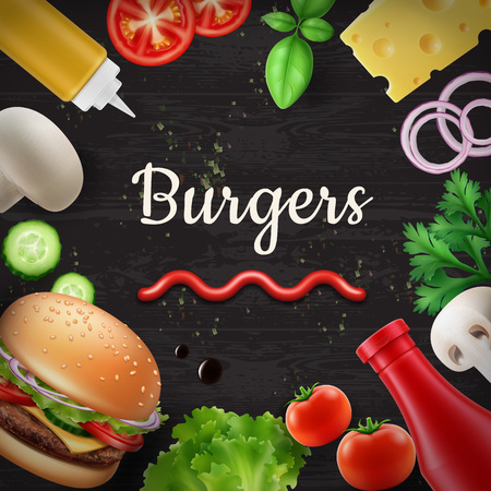 Vector illustration of culinary background with fresh ingredients: cheese, tomato, mustard, mushroom, cucumber, onion, lettuce, basil for burgers on black wooden table. Top view with copy spaceのイラスト素材