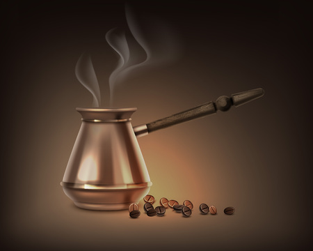 Vector illustration of turkish coffee pot with wooden handle, with aromatic steam on brown backgroundのイラスト素材