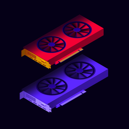 Vector illustration isometric GPU for mining cryptocurrency, bitcoin, litecoin,ethereum and altcoins, video card with cooling fans in red and violet colors on dark backgroundのイラスト素材