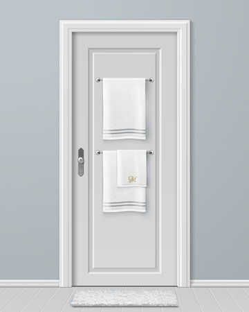 Vector illustration of white towels hanging on hanger on door in modern bathroomのイラスト素材