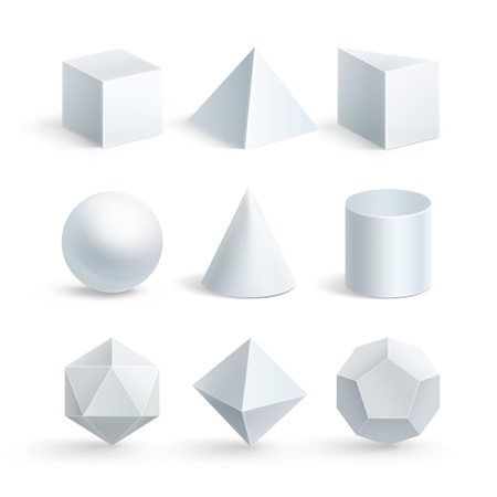 Vector illustration of realistic geometric shapes: cube, prism, cylinder, cone, sphere, pyramid or tetrahedron and octahedron, icosahedron, dodecahedron on white background