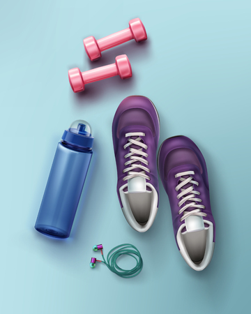 Vector flat lay illustration of sneakers, dumbbells, water bottle and headphones for fitness and sport equipment conceptのイラスト素材