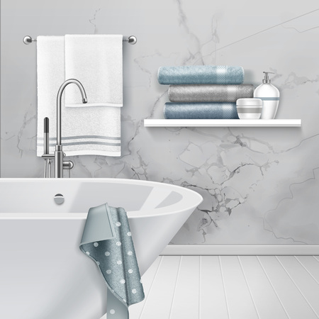 Vector illustration of light interior of bathroom with hanging and folding towels and soap on shelf on white marble wall backgroundのイラスト素材