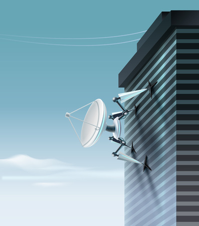 Vector concept illustration of fictional quadruped robot with parabolic satellite dish which is climbing up the buildingのイラスト素材