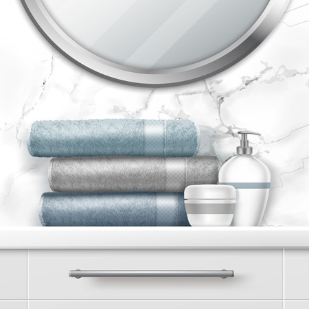 Vector illustration of folding towels and soap on chest of drawers and mirror on white marble wall in light interior of bathroomのイラスト素材